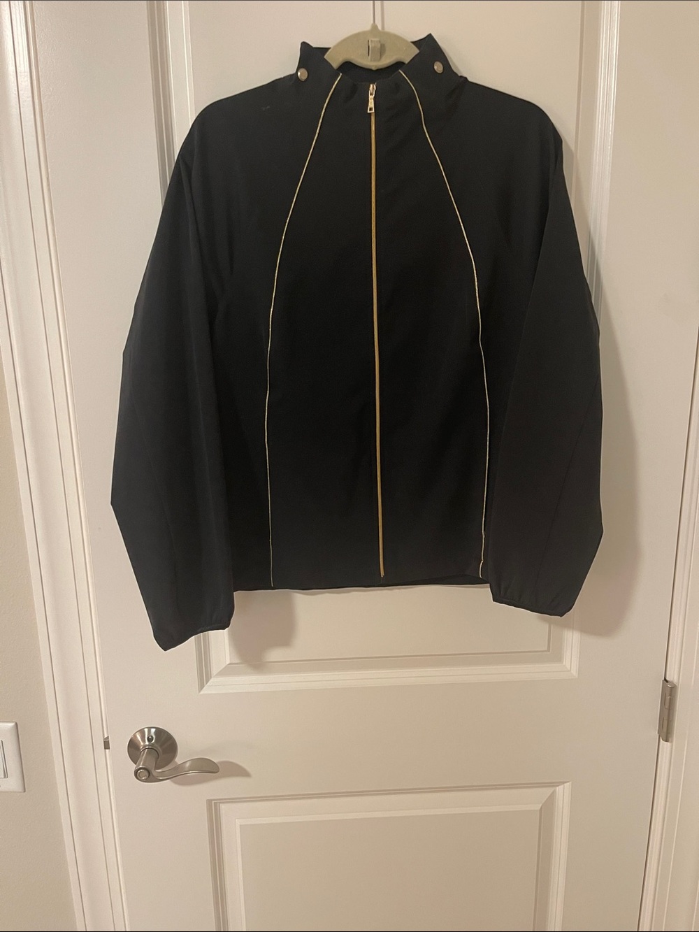 Black Zip-Front Bomber Jacket with Gold Piping